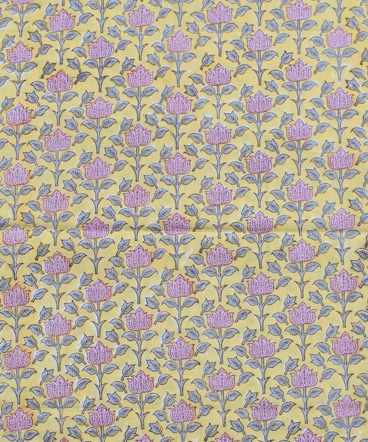 2.5m Yellow pink handblock print cotton kurta cut piece
