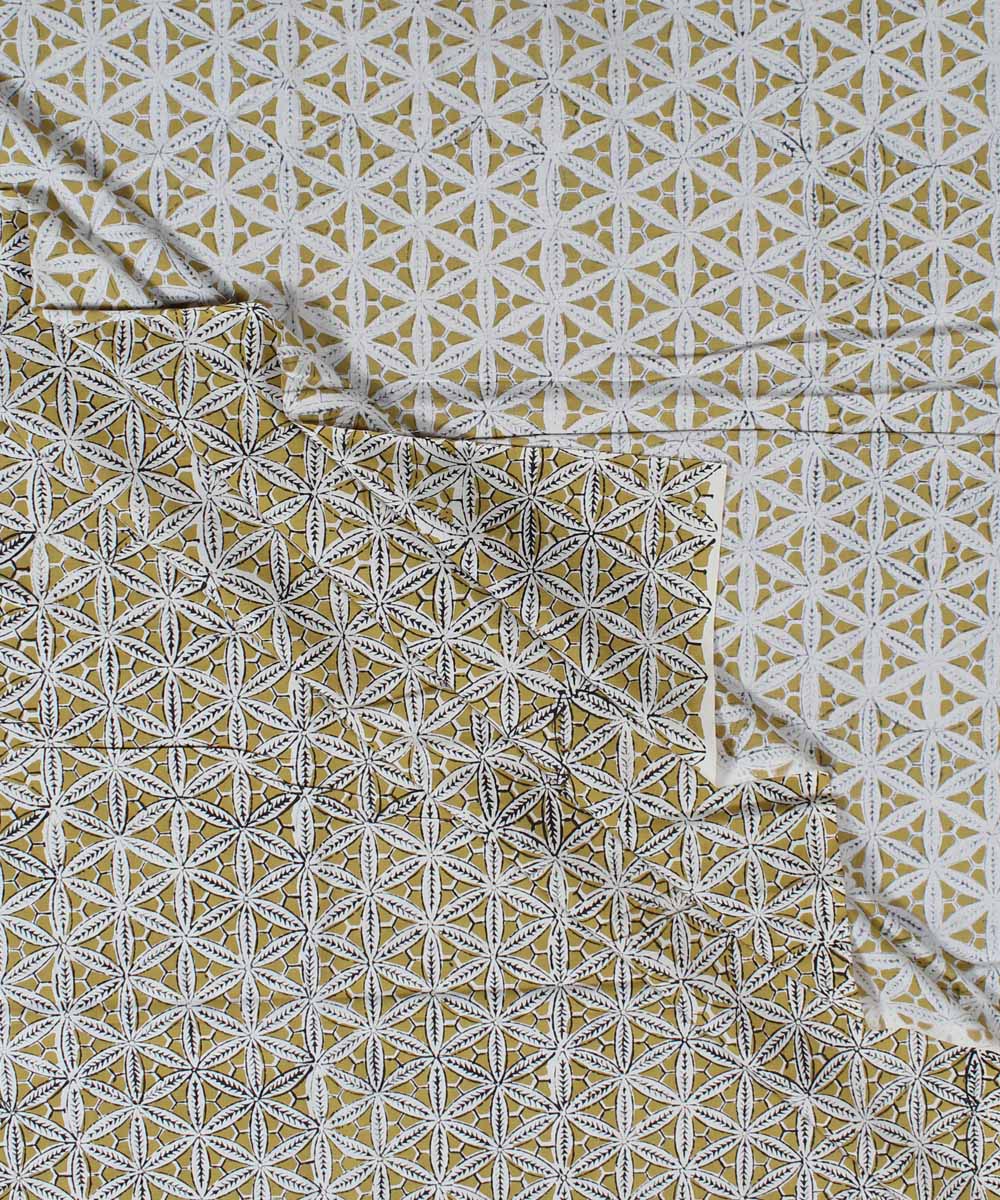2.5m Olive green handblock print cotton kurta cut piece