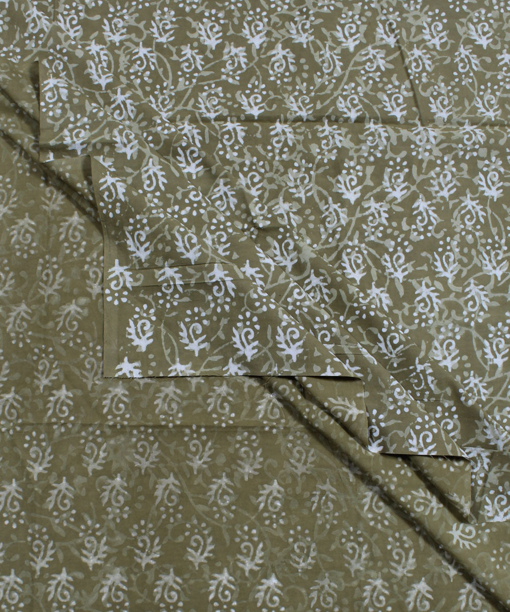 2.5m Olive green handblock printed cotton kurta cut piece