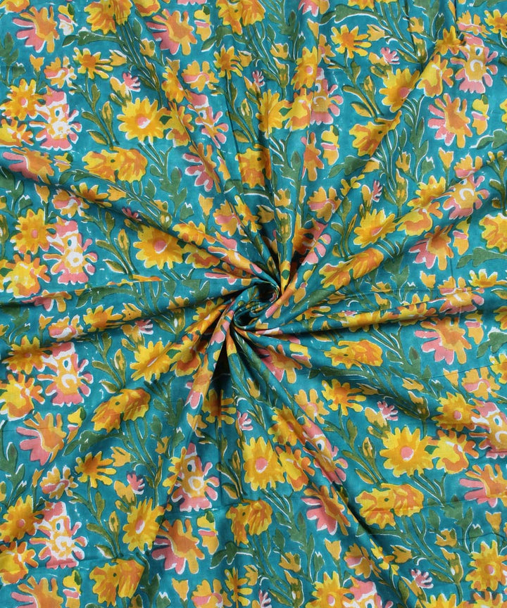 2.5m Cyan blue yellow handblock print cotton kurta material