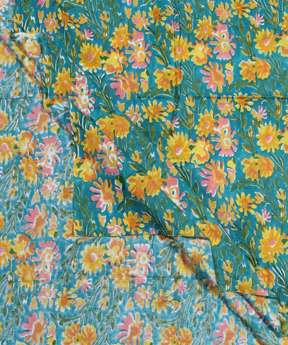 2.5m Cyan blue yellow handblock print cotton kurta material
