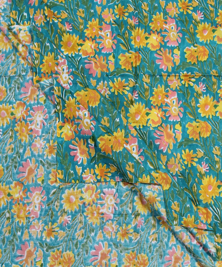 2.5m Cyan blue yellow handblock print cotton kurta material