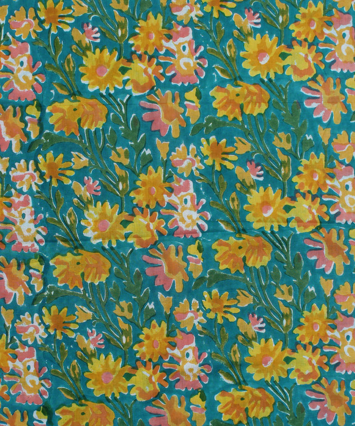 2.5m Cyan blue yellow handblock print cotton kurta material