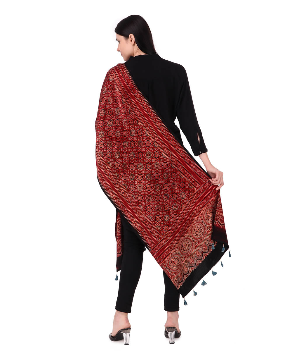 Red ajrakh handblock printed natural dyed mashru silk stole