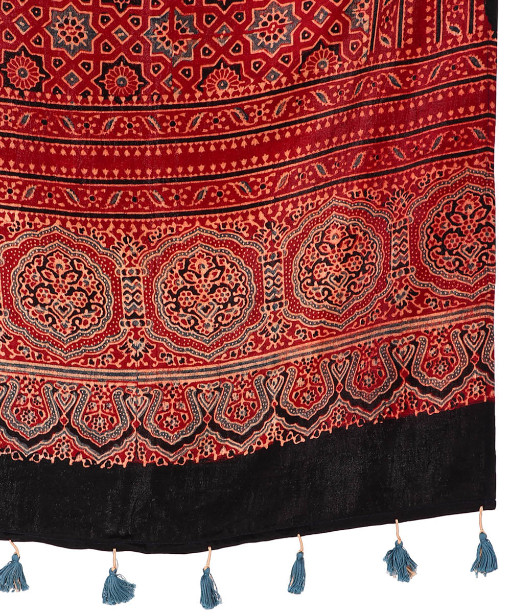Red ajrakh handblock printed natural dyed mashru silk stole