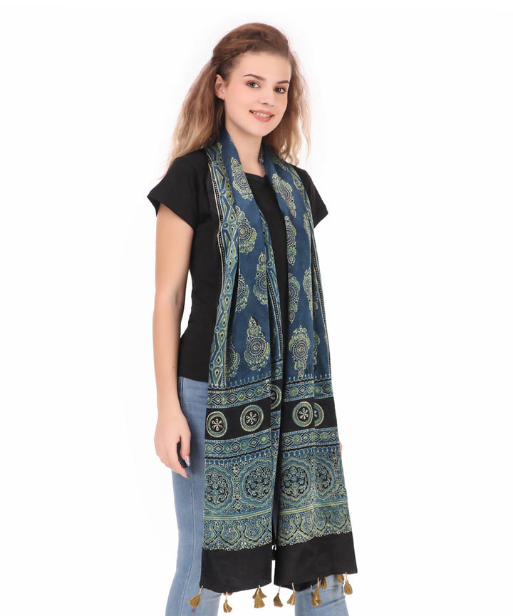 Blue ajrakh handblock printed natural dyed mashru silk stole