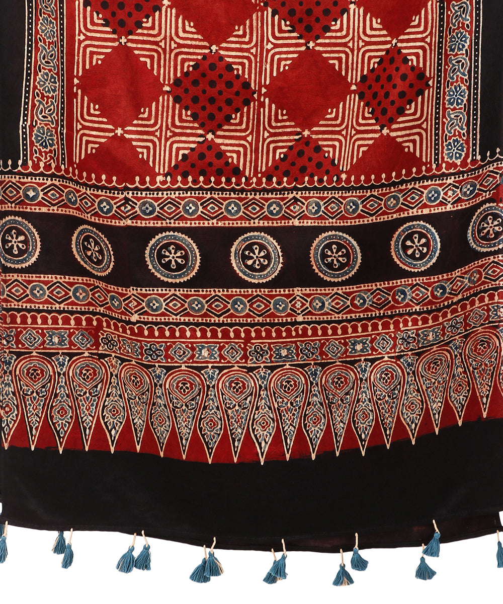 Red black ajrakh handblock printed natural dyed mashru silk stole