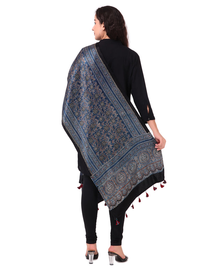 Indigo ajrakh handblock printed natural dyed mashru silk stole