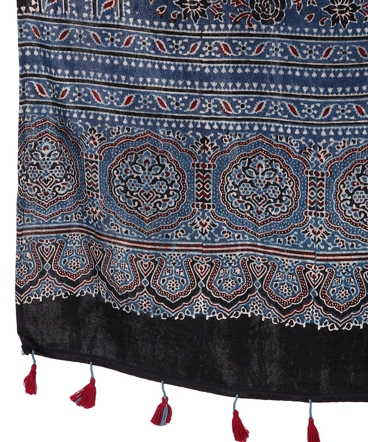Indigo ajrakh handblock printed natural dyed mashru silk stole