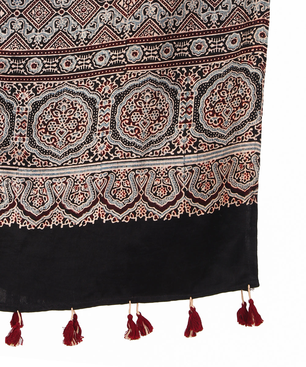 Black hand block ajrakh printed natural dyed mashru silk stole