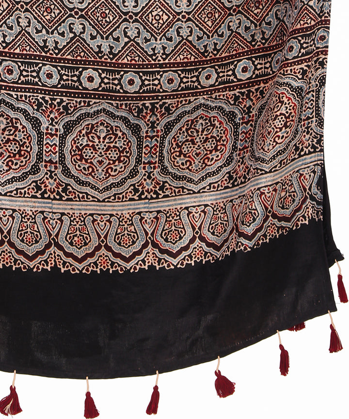 Black ajrakh hand block printed natural dyed mashru silk stole