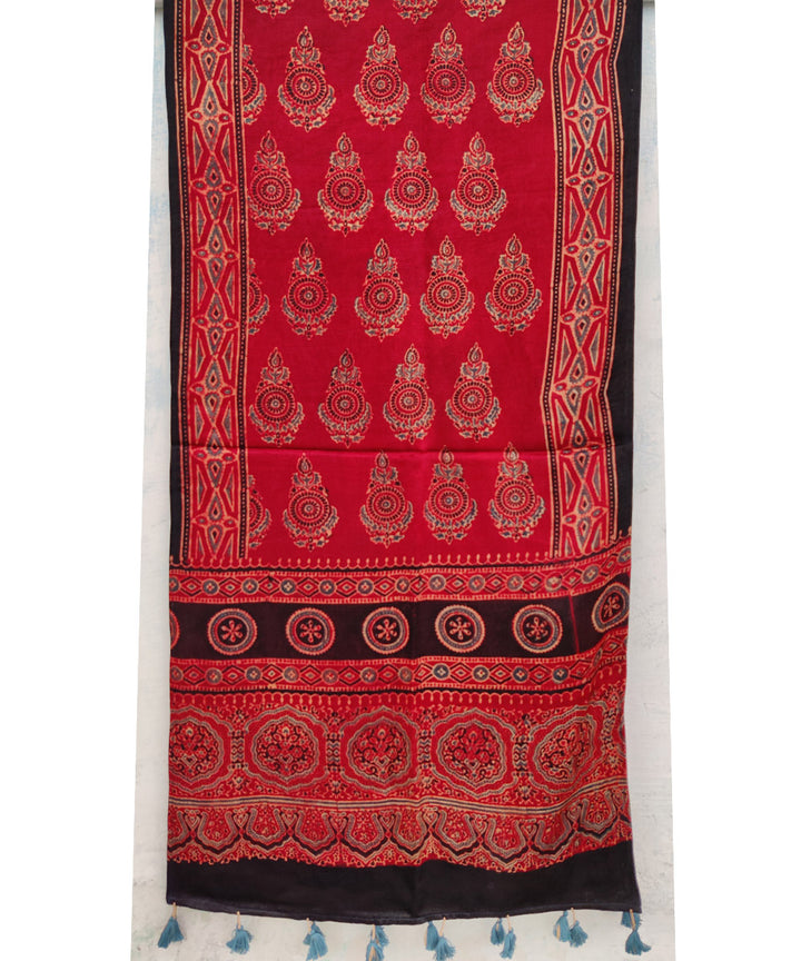 Red hand printed cotton mashru silk ajrakh stole