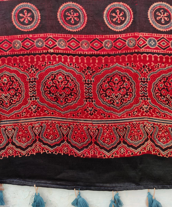 Red hand printed cotton mashru silk ajrakh stole