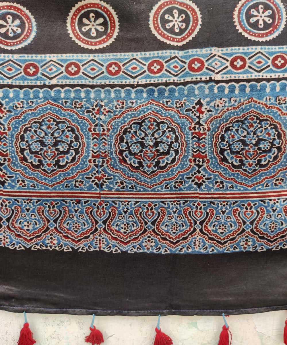 Indigo hand printed cotton mashru silk ajrakh stole