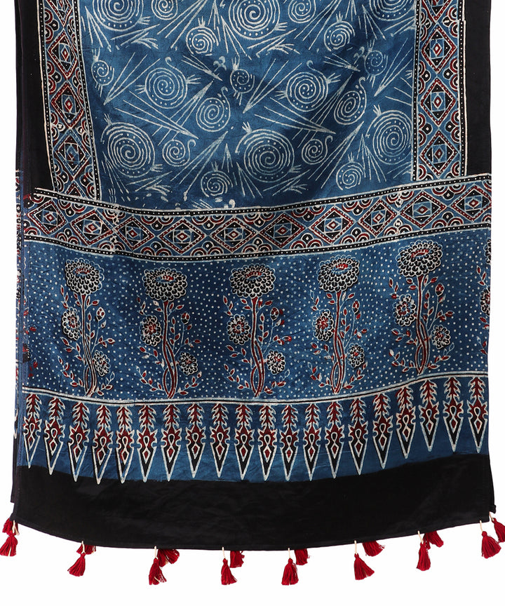 Indigo handblock ajrakh printed natural dyed mashru silk stole