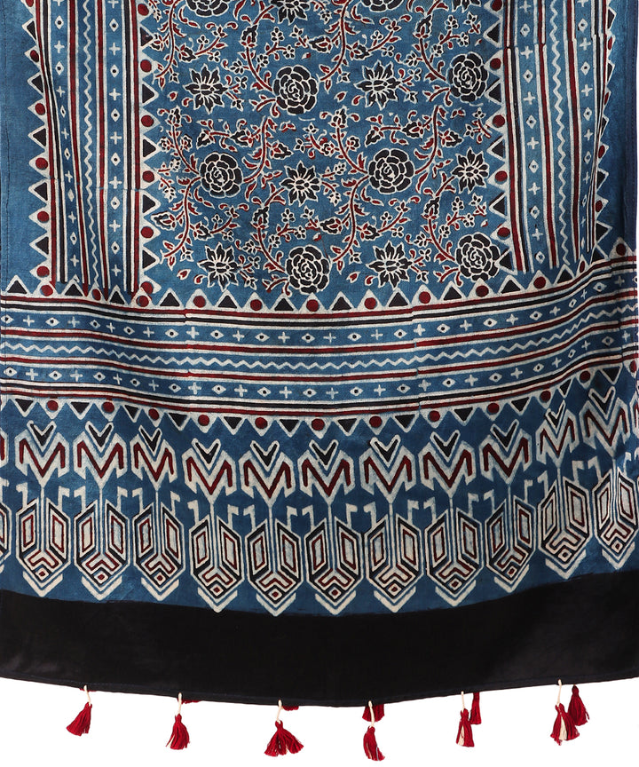 Indigo ajrakh hand block printed natural dyed mashru silk stole