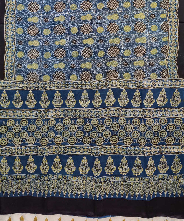 Blue cream hand printed modal silk ajrakh saree