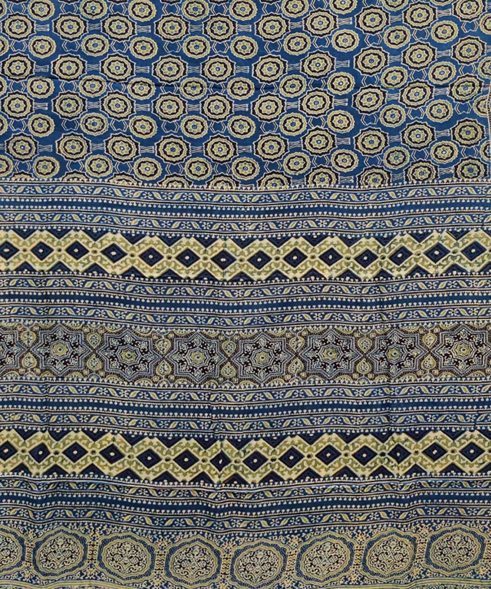 Navy blue cream hand printed modal silk ajrakh saree