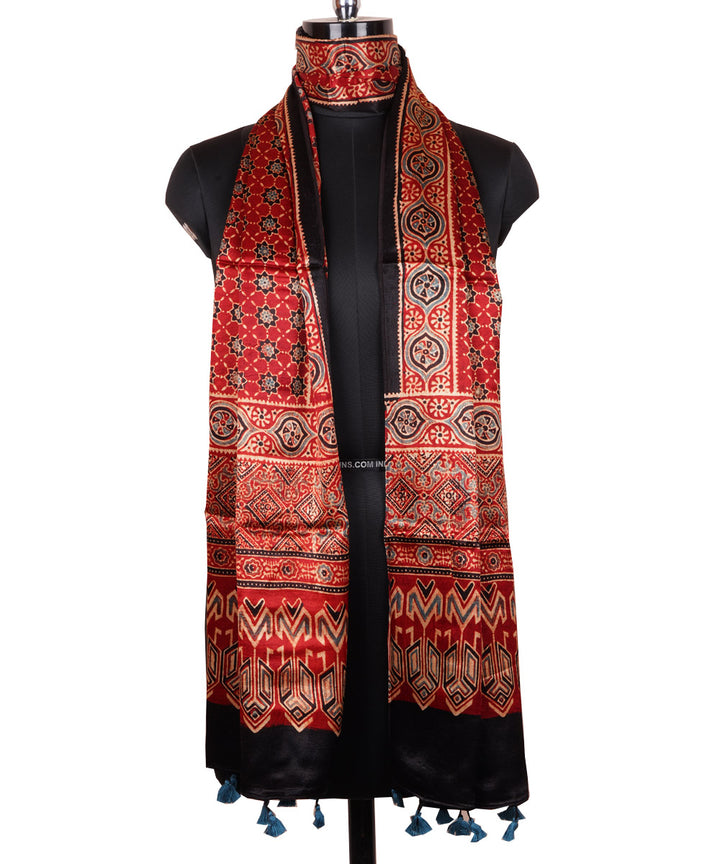 Red hand block printed cotton mashru silk ajrakh stole