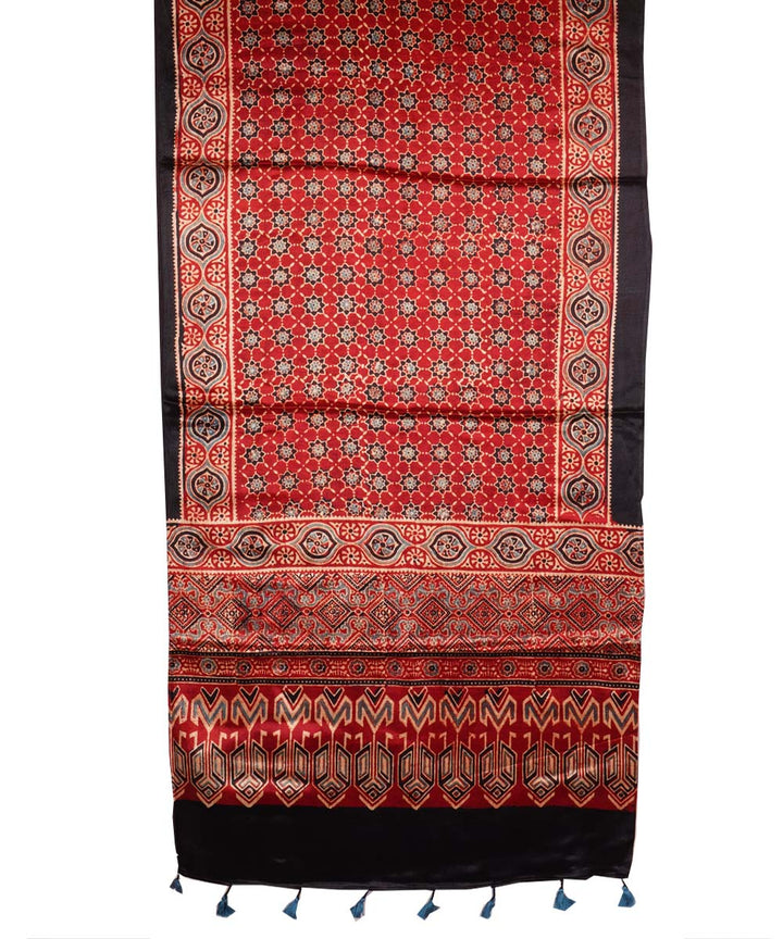 Red hand block printed cotton mashru silk ajrakh stole