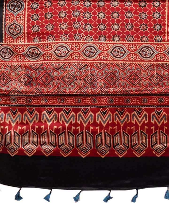 Red hand block printed cotton mashru silk ajrakh stole