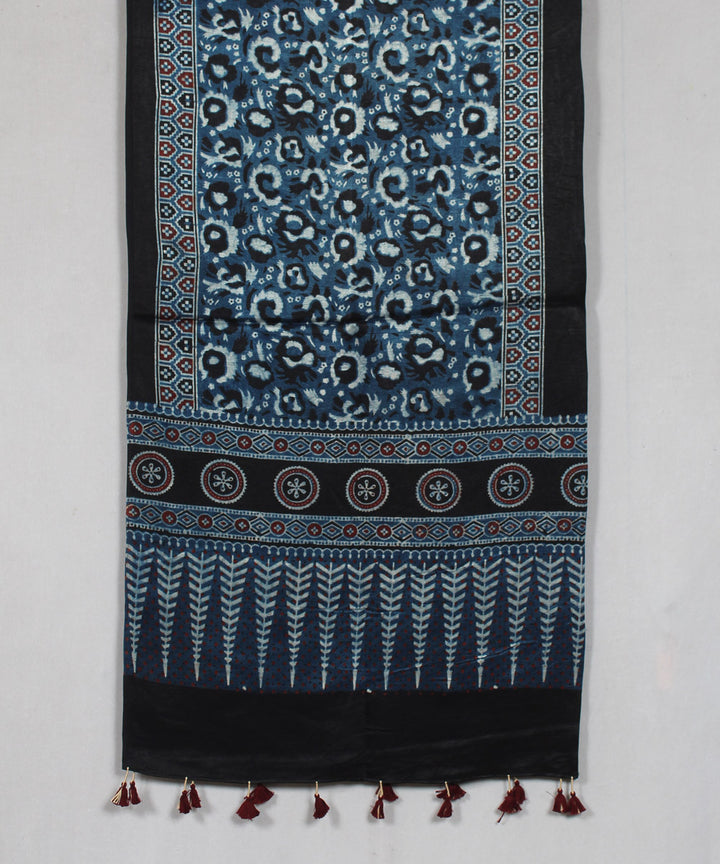Indigo black hand block print mashru silk ajrakh stole