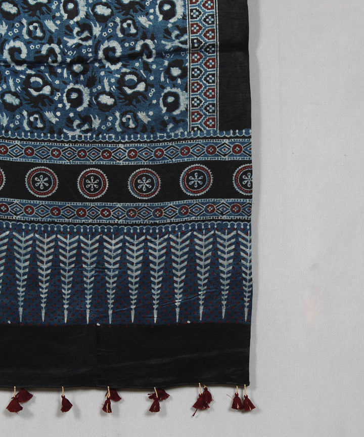 Indigo black hand block print mashru silk ajrakh stole