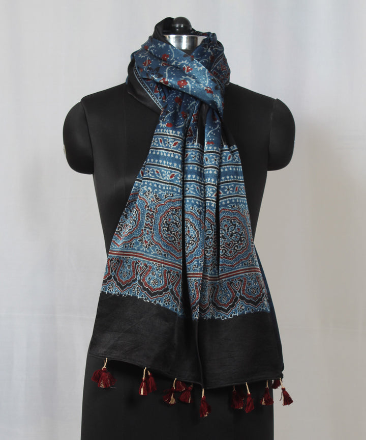 Blue hand block printed mashru silk ajrakh stole