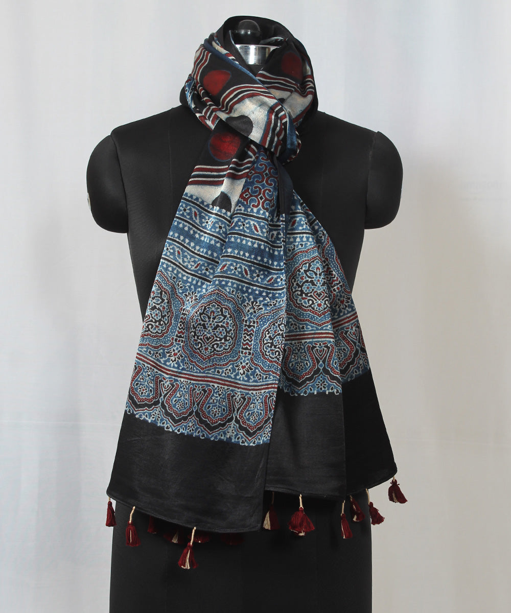 Geometric blue beige hand block printed mashru silk ajrakh stole