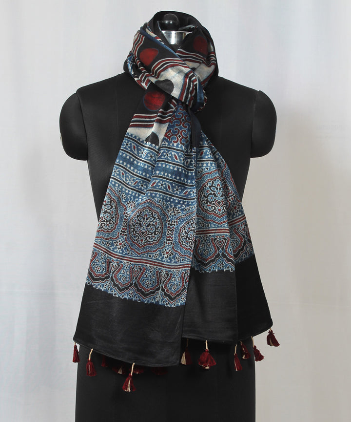 Geometric blue beige hand block printed mashru silk ajrakh stole