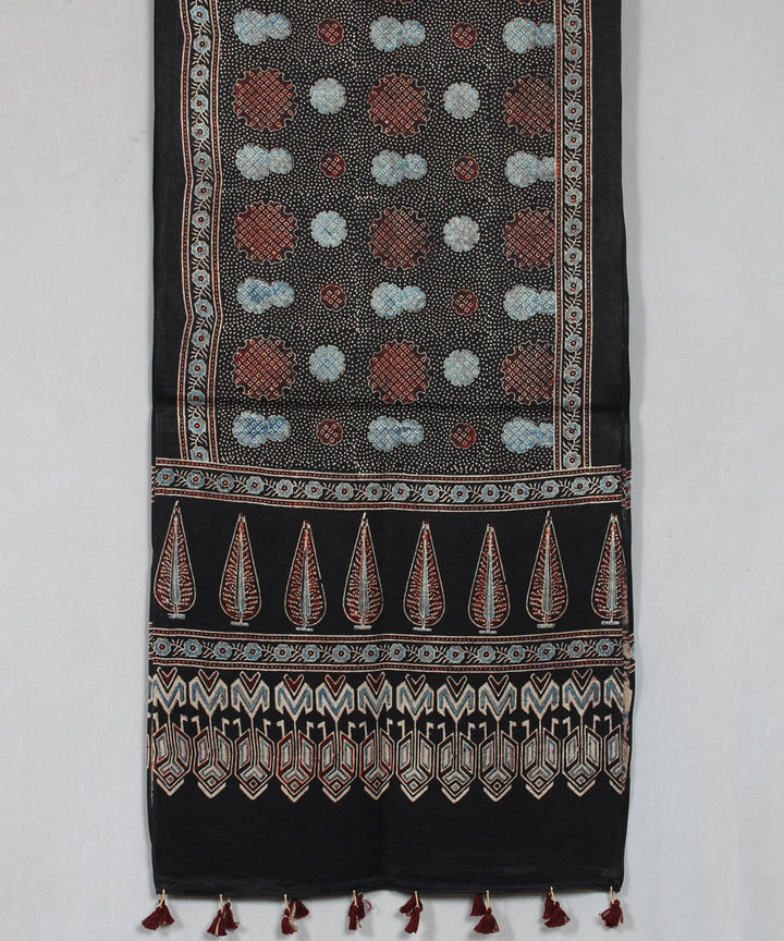 Black multicolor hand block printed mashru silk ajrakh stole