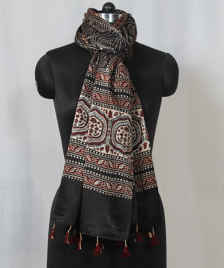 Black maroon multicolor hand block printed mashru silk ajrakh stole