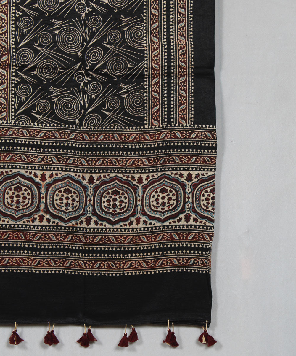 Black maroon multicolor hand block printed mashru silk ajrakh stole