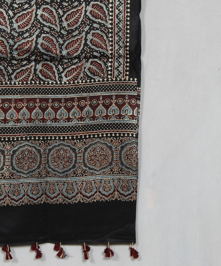 Black maroon multicolor hand block printed mashru silk ajrakh stole