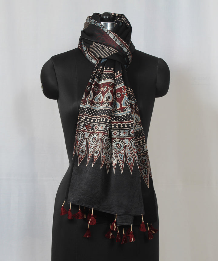 Black floral multicolor hand block printed mashru silk ajrakh stole