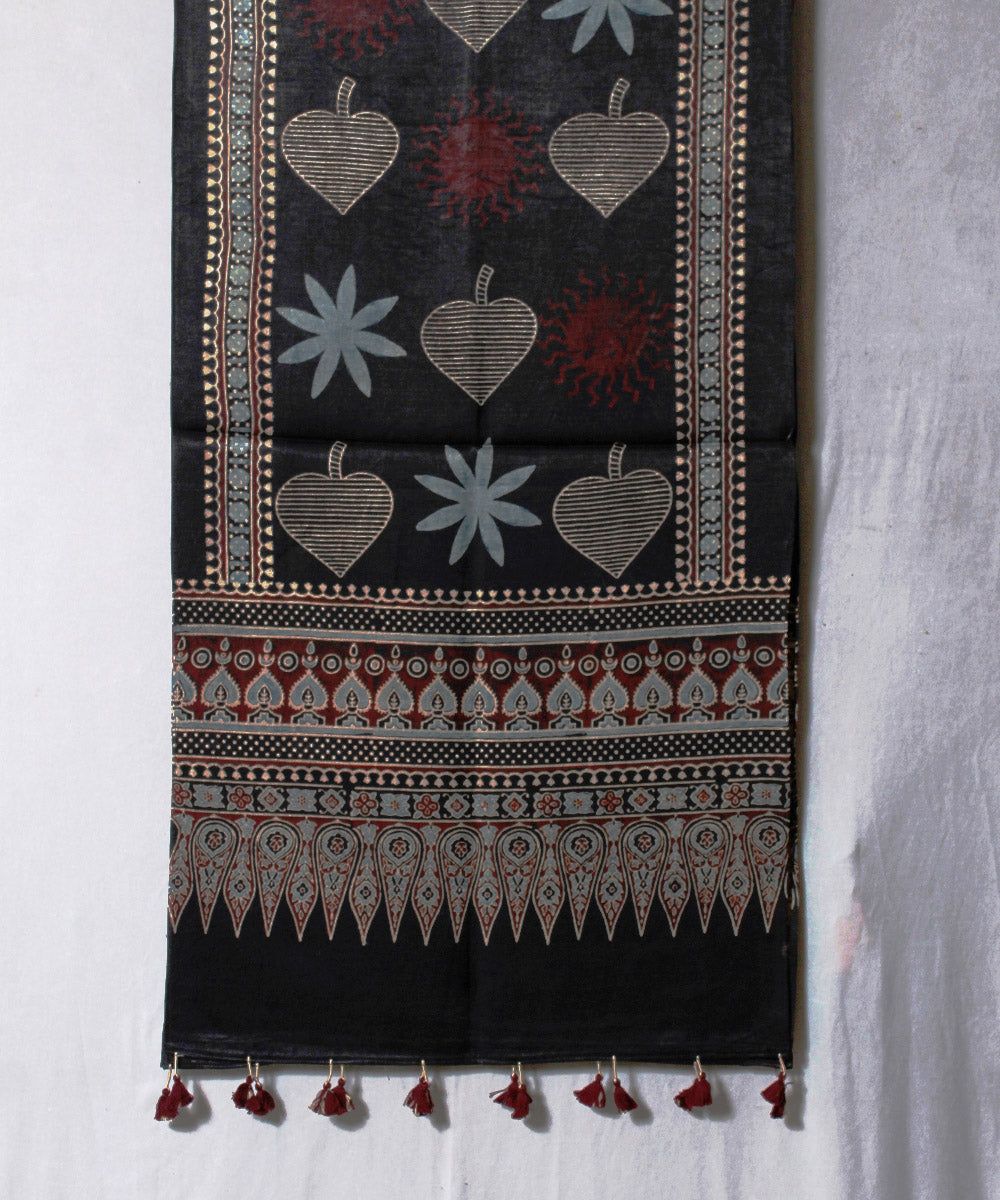 Black floral multicolor hand block printed mashru silk ajrakh stole