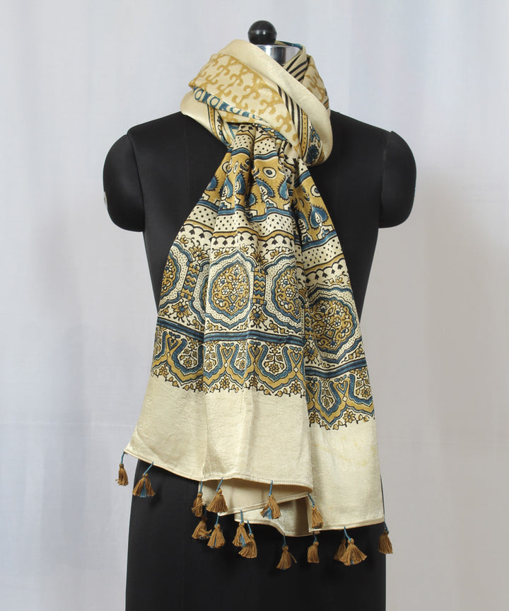 Cream with multicolor hand block printed mashru silk ajrakh stole