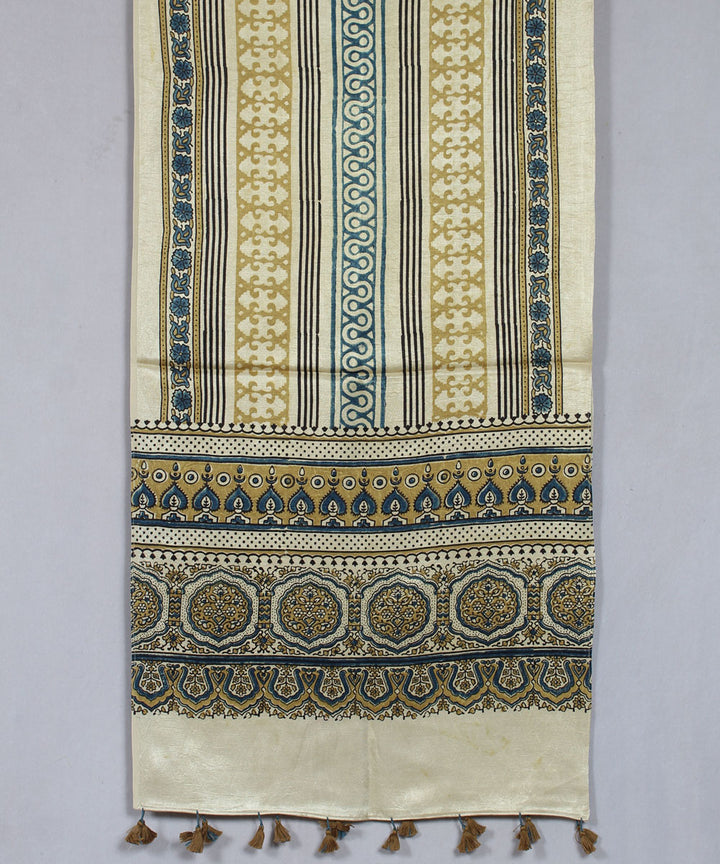 Cream with multicolor hand block printed mashru silk ajrakh stole