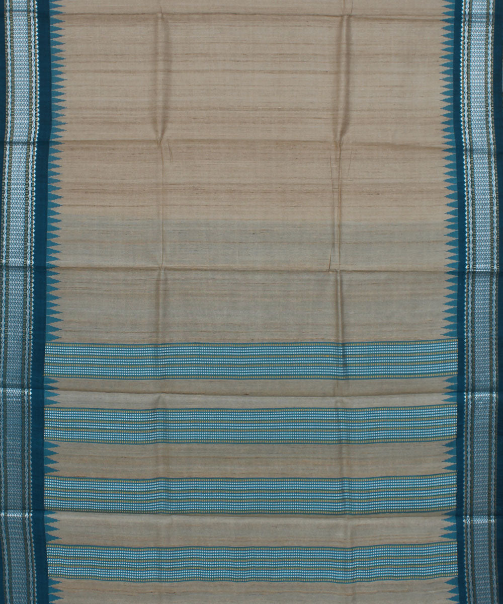 Beige and sea green handwoven tussar silk saree