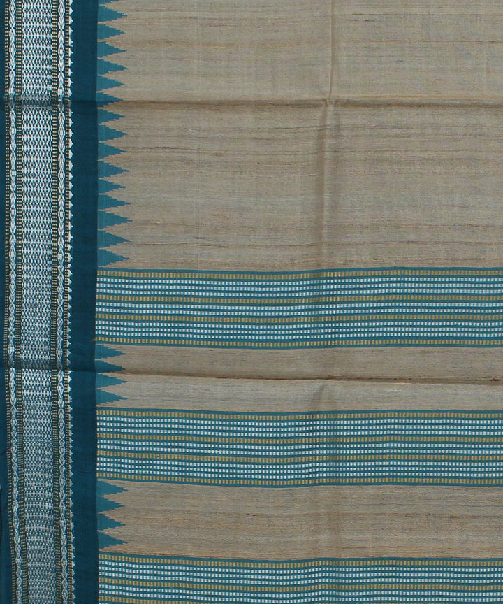 Beige and sea green handwoven tussar silk saree