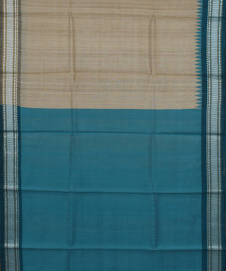 Beige and sea green handwoven tussar silk saree