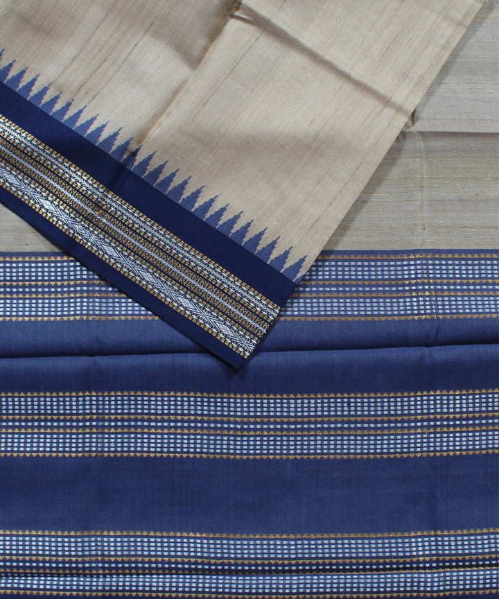 Beige and dark blue handwoven tussar silk saree