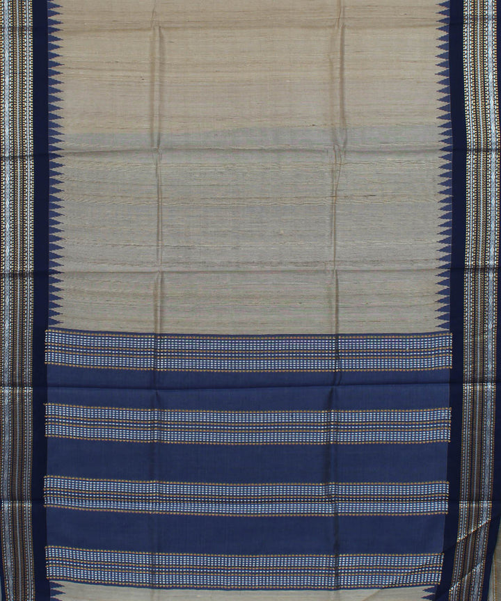 Beige and dark blue handwoven tussar silk saree