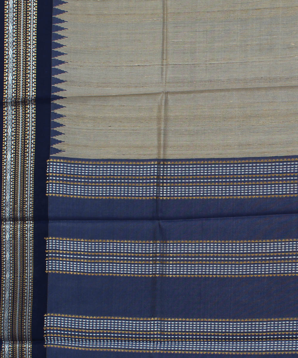 Beige and dark blue handwoven tussar silk saree