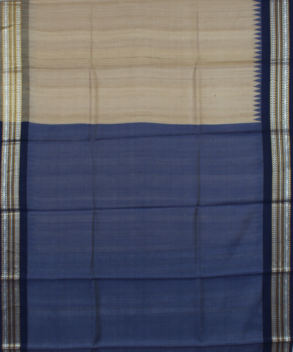 Beige and dark blue handwoven tussar silk saree