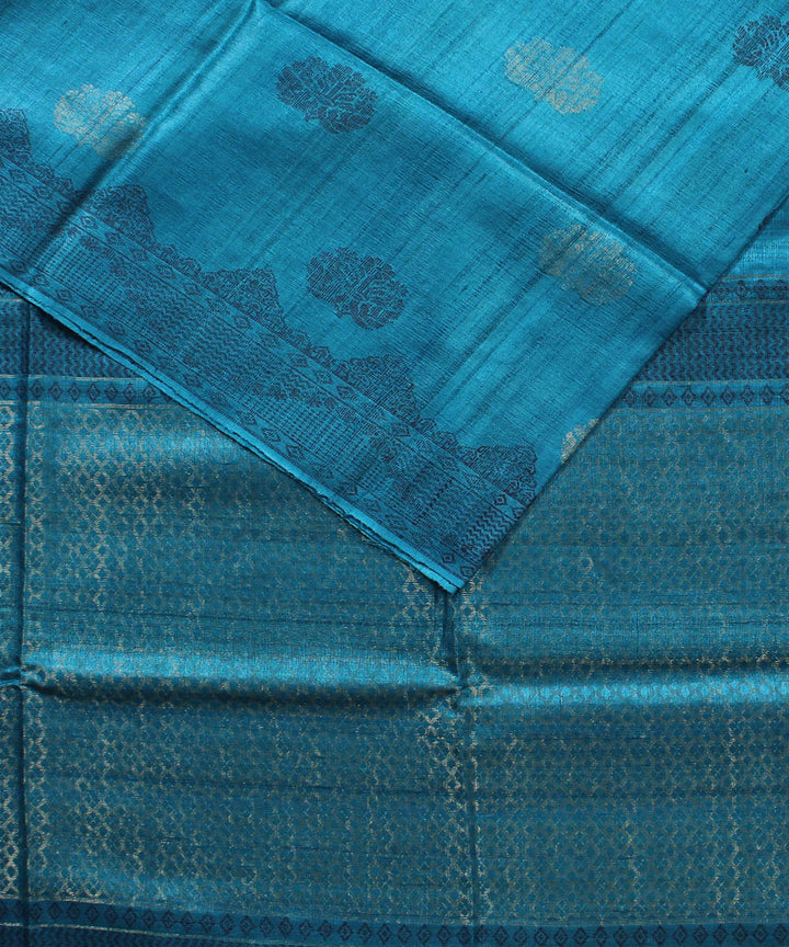 Turquoise blue handwoven tussar silk saree