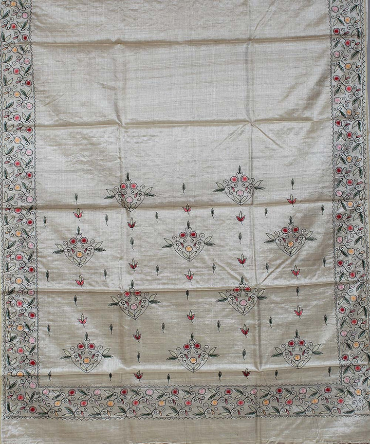 Hand embroidery beige kosa tussar silk saree