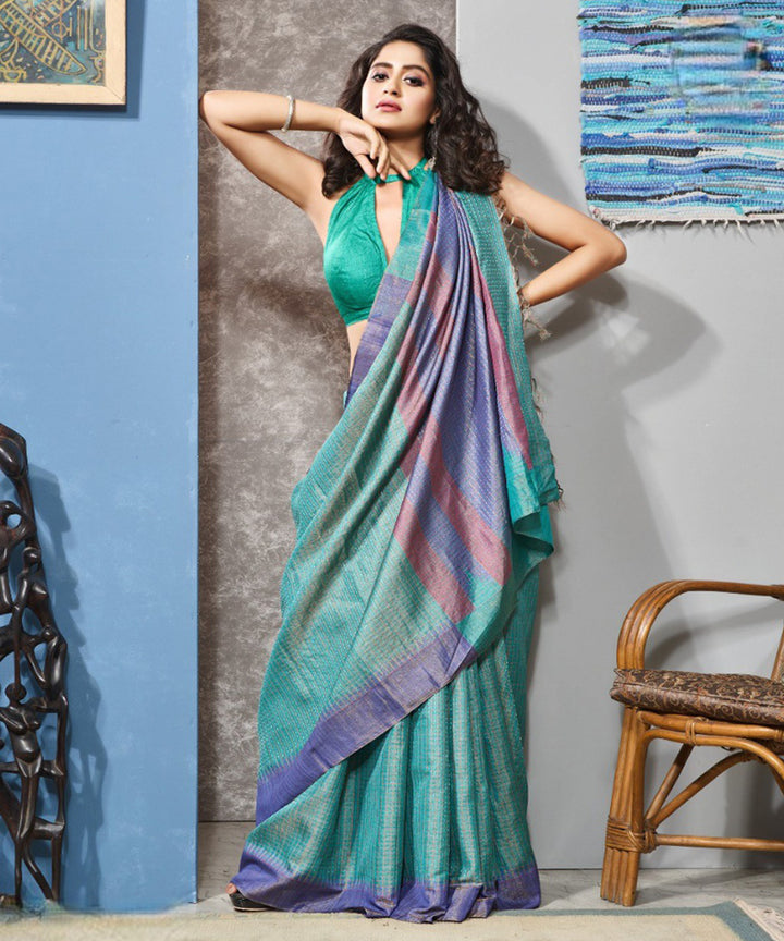 Turquoise lavender handwoven kosa tussar silk saree