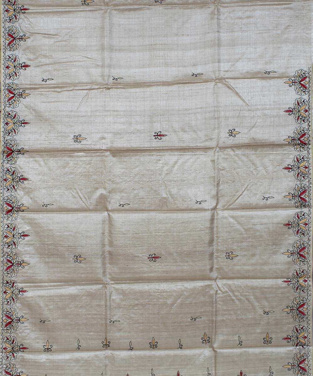 Beige hand embroidery kosa tussar silk saree