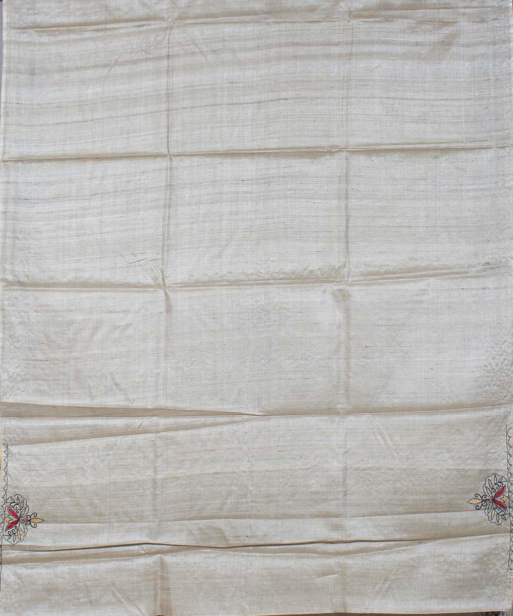 Beige hand embroidery kosa tussar silk saree